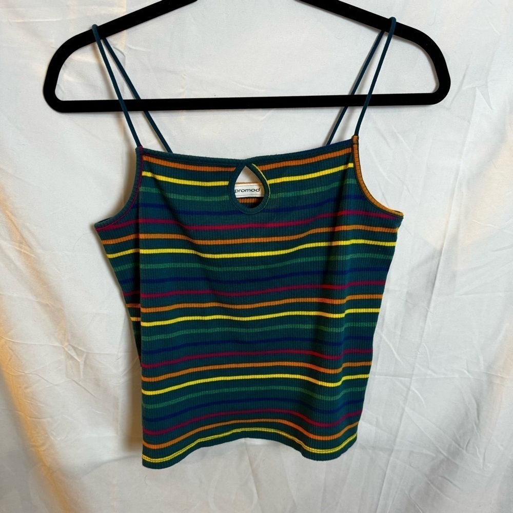 Promod Striped Multicolor Stripe Teardrop front Jersey Top Size L - Picture 2 of 7